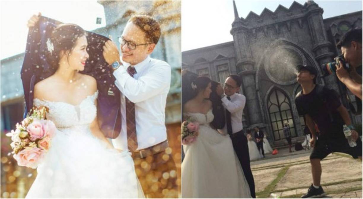 Este asistente de fotografía se las ingenió para que 'lloviera' en las imágenes de boda de una pareja.