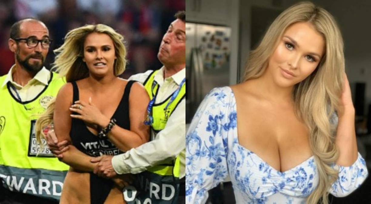 Pero Wolanski apareció sola para robarse el show en el estadio Wanda Metropolitano del Atlético de Madrid cuando corrió a través del terreno de juego con un traje de baño diminuto mientras los jugadores de Liverpool y Tottenham observaban .