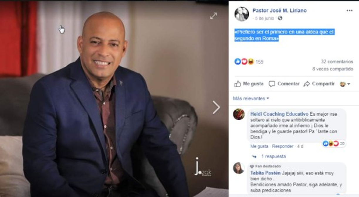 El Pastor Liriano encendió las redes sociales el pasado 5 de junio cuando publicó este mensaje: 'Prefiero ser el primero en una aldea que el segundo en Roma'; muchos lo tomaron como una indirecta al actual esposo de la Pastora Yesenia Then. <br/>