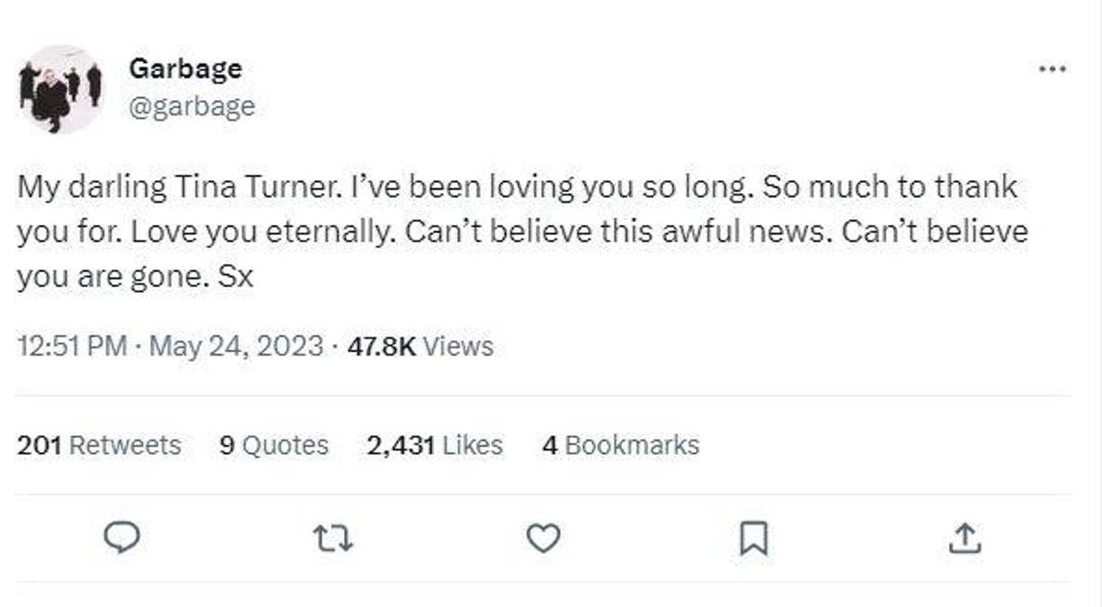 A estas reacciones se sumó la cantante Shirley Manson de la banda de rock alternativo Garbage, quien en redes aseguró “no creer estas horribles noticias”. ”Mi querida Tina Turner. Te he amado tanto tiempo. Tengo tanto que agradecerte. Te amo eternamente”, apuntó.