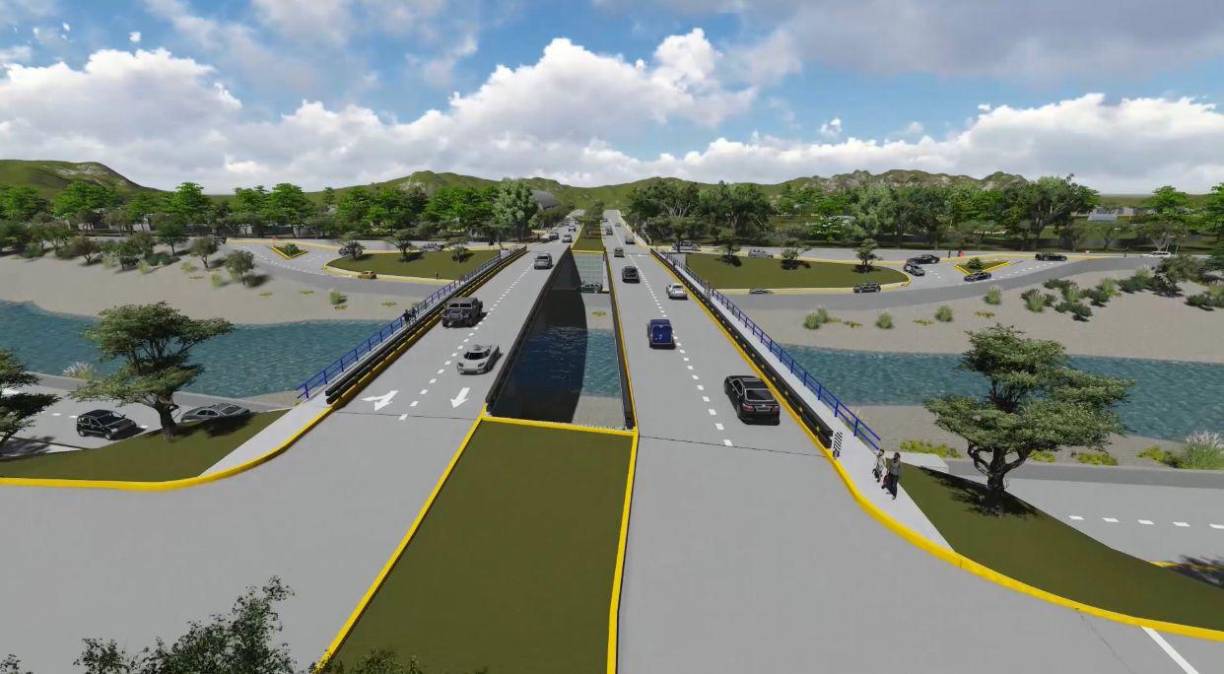 El proyecto comprende la construcción de dos puentes aéreos de 200 metros lineales cada uno, construcción de pavimento MR-600 con un área de 2,100 metros cuadrados