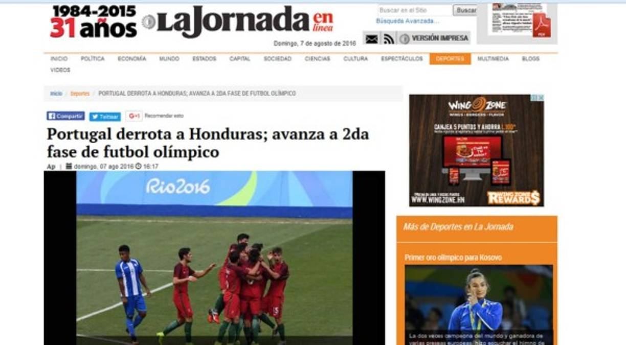 La Jornada de México: 'Portugal derrota a Honduras; avanza a 2da fase de futbol olímpico'.