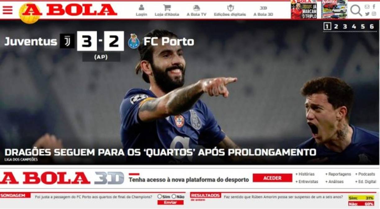 A Bola, medio portugués, destaca la victoria de los 'Dragones' en Turín, tras una emocionante serie y con 10 jugadores.