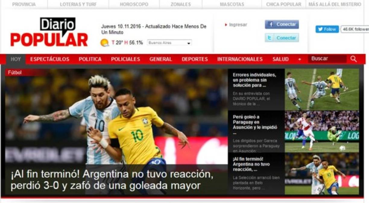 Diario Popular: '¡Al fin terminó! Argentina no tuvo reacción, perdió 3-0 y zafó de una goleada mayor'.