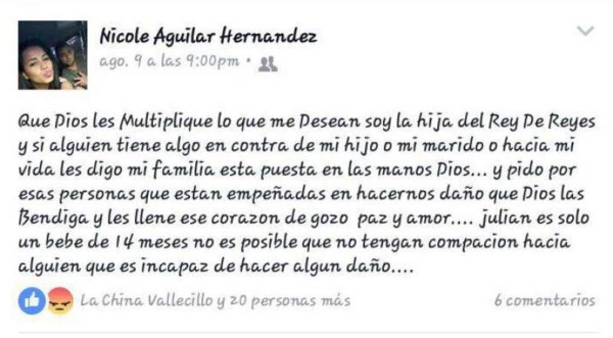 Nicol Aguilar Hernández fue asesinada hoy en la colonia Marisol de La Ceiba. La Ceiba, Honduras. El asesinato de la joven Glenda Nicol Aguilar Hernández de 24 años ha estremecido a sus familiares y amistades en la ciudad de La Ceiba, en el litoral atlántico de Honduras. El crimen ocurrió hoy en la colonia Marisol y su cuerpo quedó a pocos metros de su vivienda. La dama que fue ultimada a balazos, según testigos por un hombre armado que la interceptó y le infirió varios disparos al parecer tenía problemas personales. Una hipótesis preliminar parte de su último mensaje en Facebook donde evidencia que tenía problemas personales y que su vida corría riesgo.