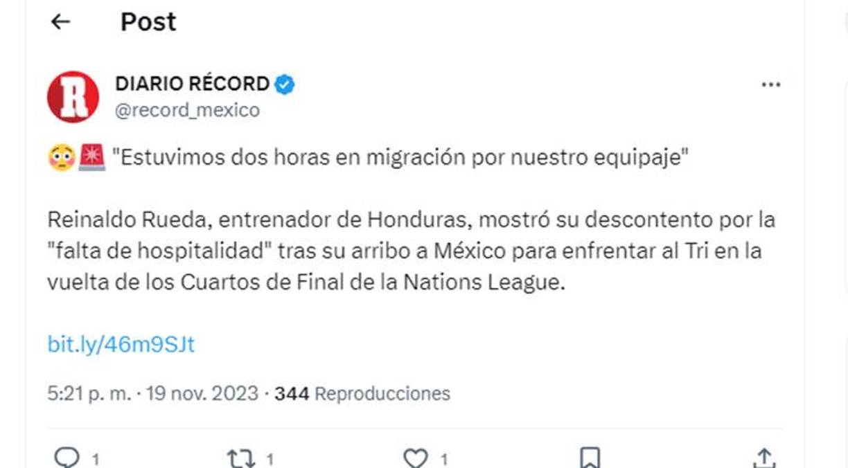 Diario Récord de México compartió el malestar del seleccionador Reinaldo Rueda de Honduras tras llegar a México.