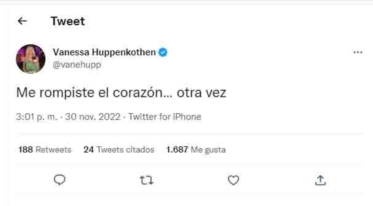 “Me rompiste el corazón, otra vez”, indicó la periodista Vanessa Huppenkothen.