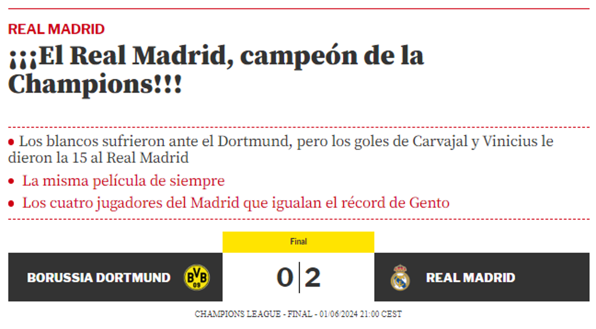 “¡¡¡El Real Madrid, campeón de la Champions!!!”, Mundo Deportivo de España.