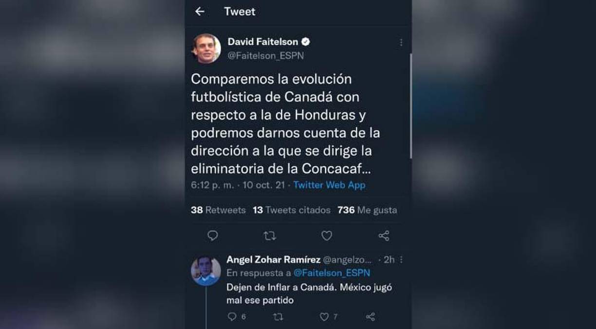 David Faitelson no se anduvo con rodeos y lanzó varios dardos para la H: “Comparemos la evolución futbolística de Canadá con respecto a la de Honduras y podremos darnos cuenta de la dirección a la que se dirige la eliminatoria de la Concacaf”, comentó el periodista de ESPN.