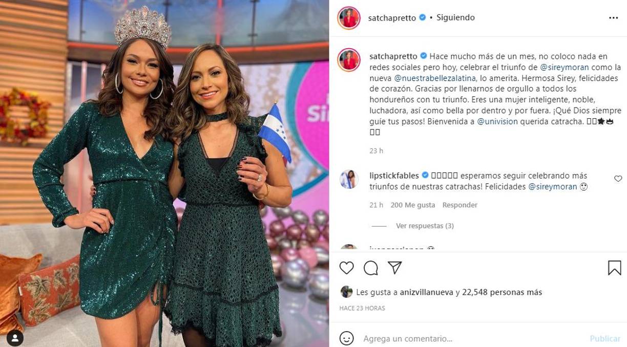 Satcha Pretto, colaboradora de la cadena Univisión, recurrió a sus redes sociales para expresar su orgullo por la nueva reina hondureña.