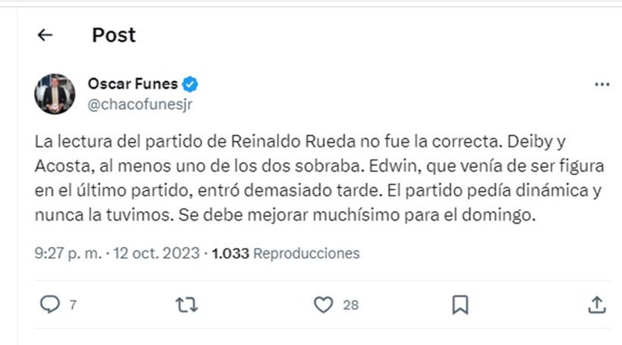 Óscar Fúnez de Tigo Sports: “La lectura del partido de Reinaldo Rueda no fue la correcta”, indicó.