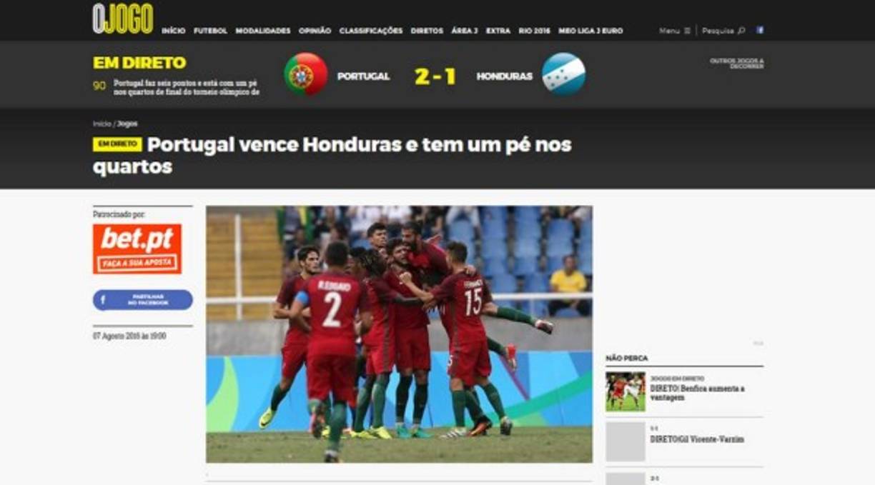 El sitio web O Jogo también destaca el triunfo de Portugal sobre Honduras.