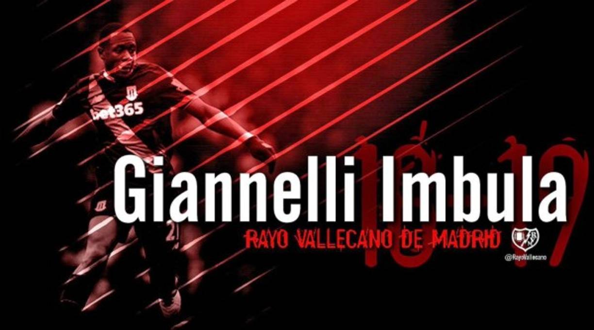 Giannelli Imbula es nuevo jugador del Rayo Vallecano. El centocampista belga llega cedido por el Stoke City para esta temporada.