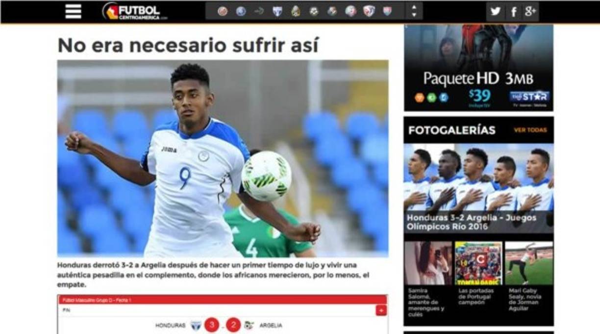 El portal www.futbolcentroamerica.com comentó que 'no era necesario sufrir así', en referencia al triunfo sufrido de la Bicolor. 'Honduras derrotó 3-2 a Argelia después de hacer un primer tiempo de lujo y vivir una auténtica pesadilla en el complemento, donde los africanos merecieron, por lo menos, el empate'.