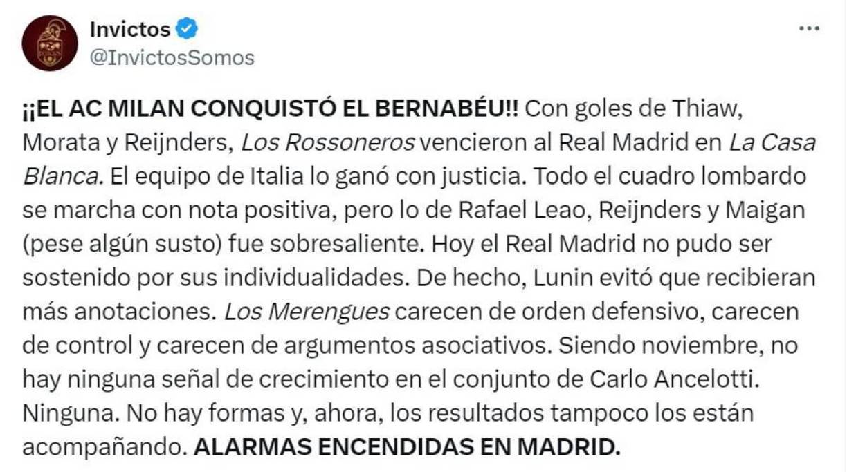 Invictos mencionó que el Milan conquistó el Bernabeú.