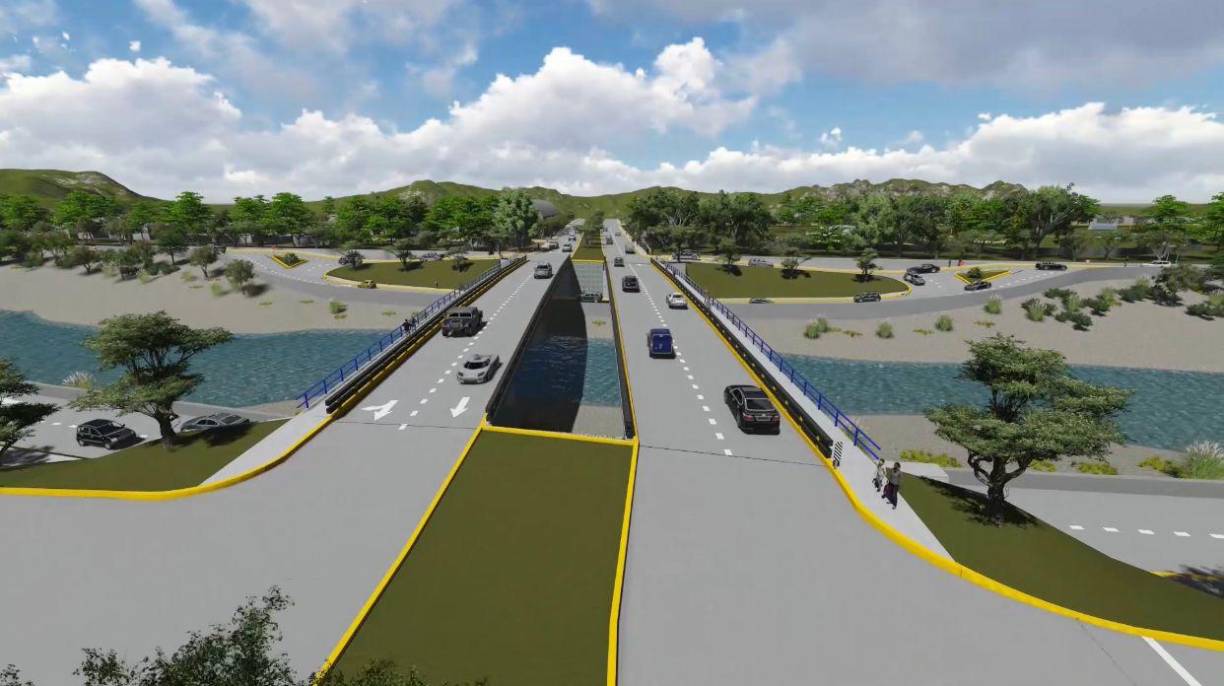 El proyecto también contempla la pavimentación del paso a desnivel en el bordo contiguo a la colonia Stibys con una longitud de 257.08 metros lineales, construcción de muros de contención para soporte de la estructura de pavimento en las soluciones viales bajo los puentes y siembra de arbustos y conformación de áreas verdes.