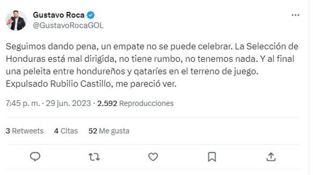 “Seguimos dando pena, un empate no se puede celebrar. La Selección de Honduras está mal dirigida, no tiene rumbo”, detalló.