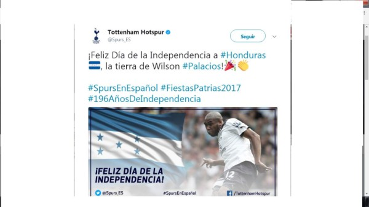 El club inglés Tottenham Hotspur recordó el paso del hondureño Wilson Palacios por sus filas y aprovechó para felicitar a la tierra que lo vio nacer.