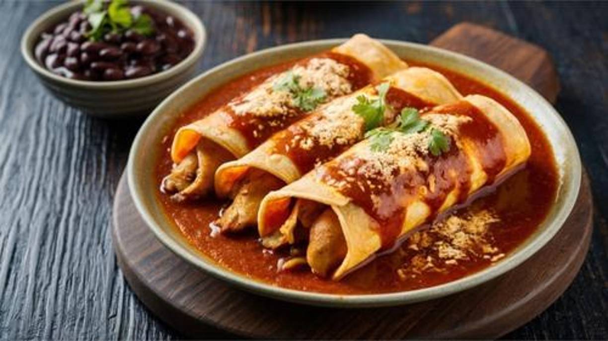 4. Enchiladas y enchiladas catrachas: un toque picanteLas enchiladas mexicanas, rellenas de pollo y bañadas en salsa roja, son un clásico que no puede faltar.