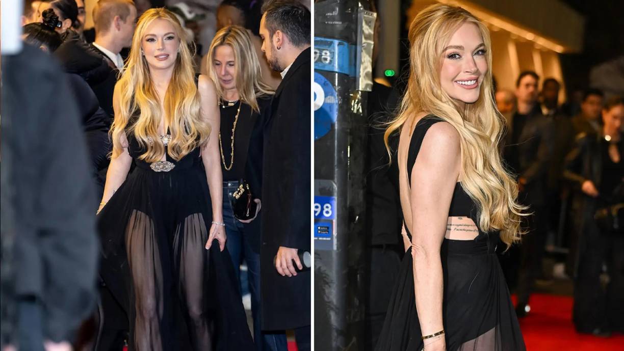 La famosa modeló un vestido negro con el que lucía un increíble escote. El modelo sin mangas contaba con dos adornos cubiertos de piedra en el corpiño antes de ensancharse con una falda larga, transparente y plisada. Lohan realzó el conjunto con un par de zapatos de plataforma negros que dejaban al descubierto su pedicura roja.