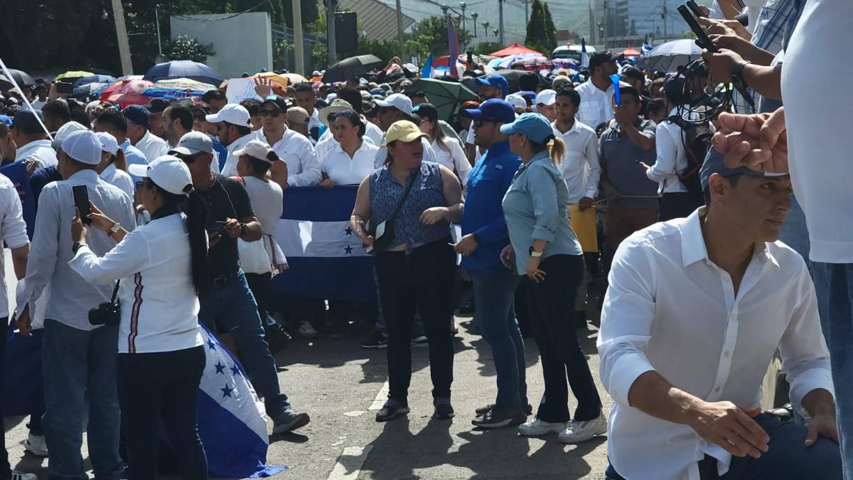 Los manifestantes asistieron a la protesta vestidos con camisas blancas y azules. 