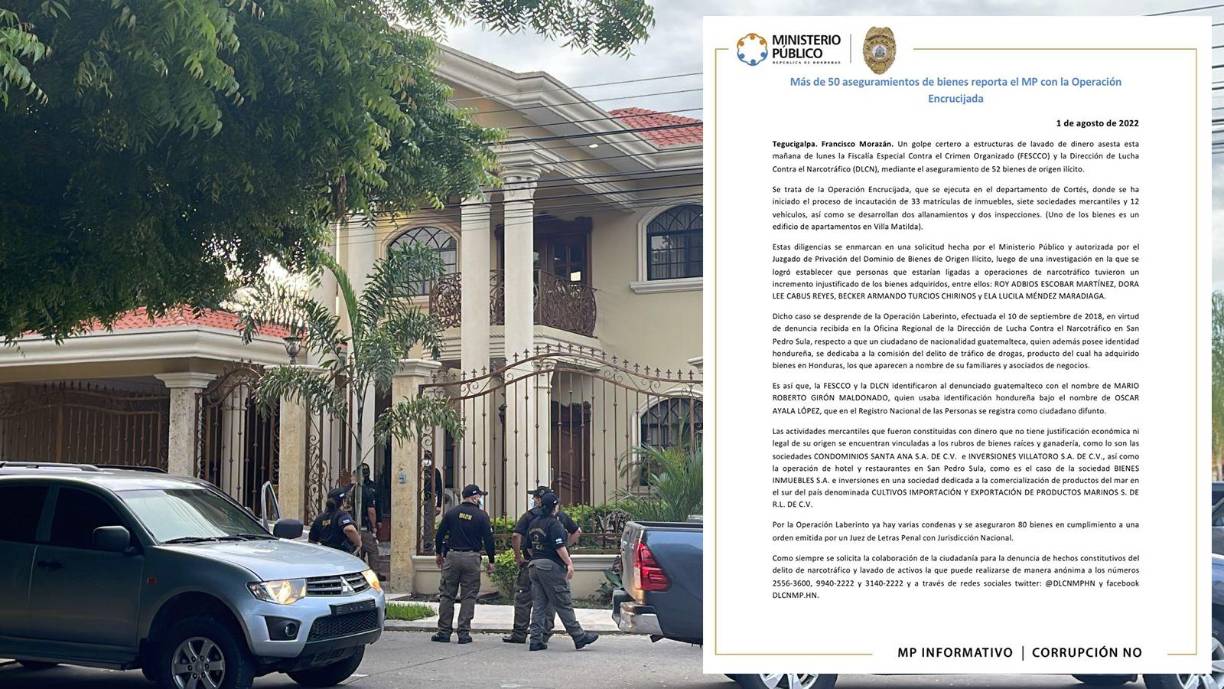 Se trata de la Operación Encrucijada, que se ejecuta en el departamento de Cortés, donde se ha iniciado el proceso de incautación de 33 matrículas de inmuebles, siete sociedades mercantiles y 12 vehículos, así como se desarrollan dos allanamientos y dos inspecciones.Uno de los bienes es un edificio de apartamentos en Villa Matilda, informó el Ministerio Público, aunque allí no dejaron ingresar a los medios de comunicación.