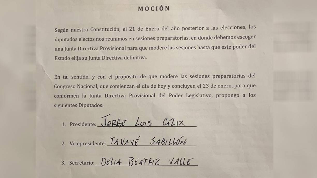 Moción presentada para elegir a la junta directiva provisional del Congreso Nacional.