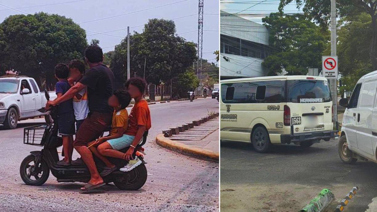 Entre la vida y la muerte solo hay una pequeña línea. En Puerto Cortés fue captado este ciudadano con una parvada de cuatro menores subidos en una pequeña motoneta por una de las vías más transitadas por equipo de la ciudad. Al lado, dos conductores haciendo un viraje prohibido.