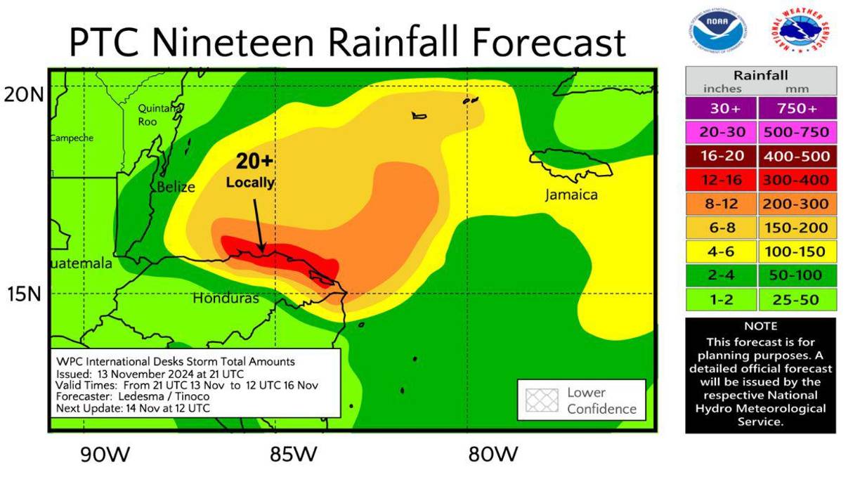 En Honduras, Copeco mantiene vigente una Alerta Verde por 72 horas en Islas de la Bahía, Olancho, Gracias a Dios, Colón, Atlántida, Yoro y Cortés debido a la posible formación de un Huracán cerca nuestras costas. La onda tropical se encuentra más cerca del Cabo de Gracias a Dios tiene altas probabilidades de desarrollo ciclónico en los próximos días. Se espera que afecte al país entre el jueves y viernes de esta semana como <b>TORMENTA TROPICAL y </b>deje lluvias por encima de los 400 milímetros en Colón y Gracias a Dios.