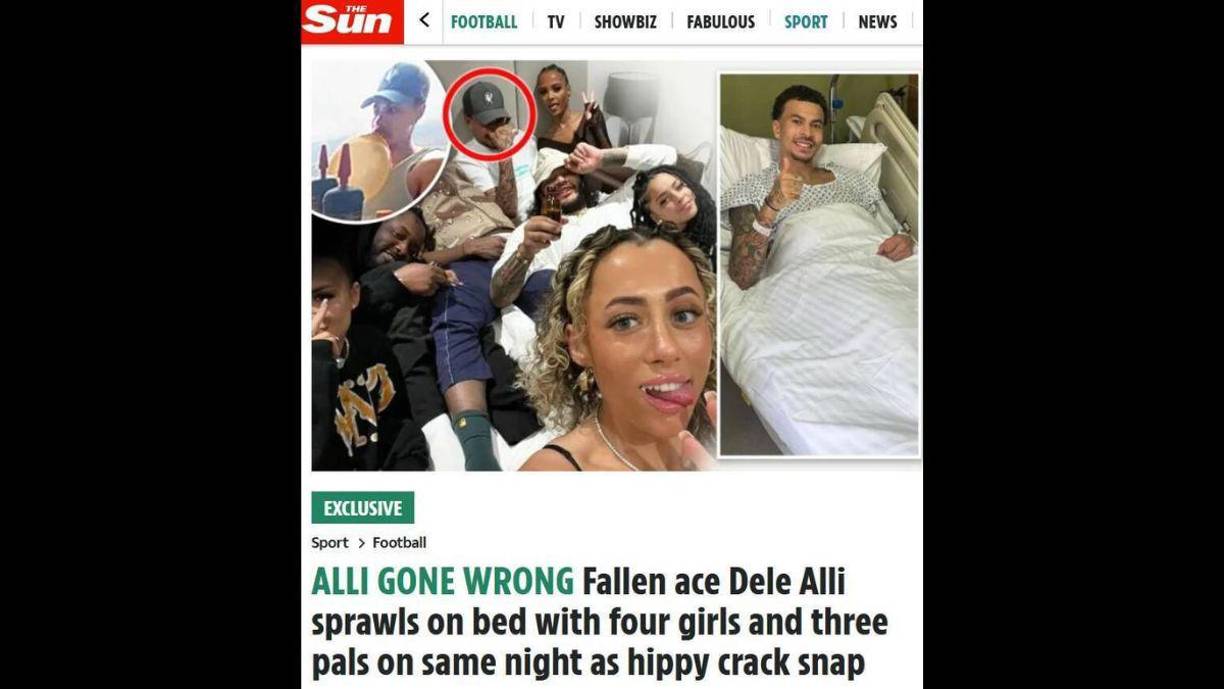 El medio británico ‘The Sun’ definió a Dele Alli como “la estrella caída” del fútbol inglés que fue novio de la hija de Pep Guardiola, María Guardiola. El volante fue captado en una cama junto a tres hombres (uno era el exfutbolista Izzy Jay Brown) y cuatro mujeres. Dele Alli trato de ocultar con su mano su rostro.