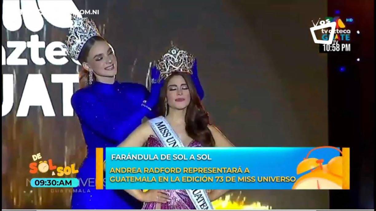 La nueva embajadora de la belleza, recibió la corona de manos de Michelle Cohn, Miss Universo Guatemala 2023, quien fue la primera madre de familia en ganar el concurso y representar al país.