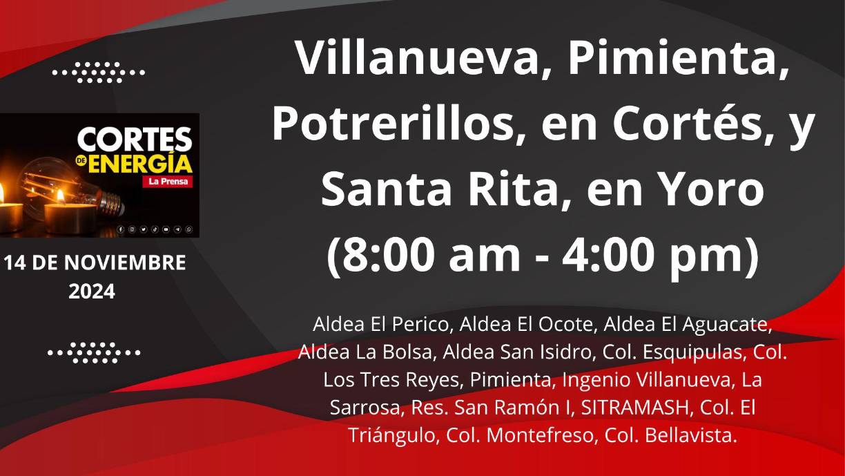 Cortes de energía del 14 de noviembre: Estas son las zonas afectadas