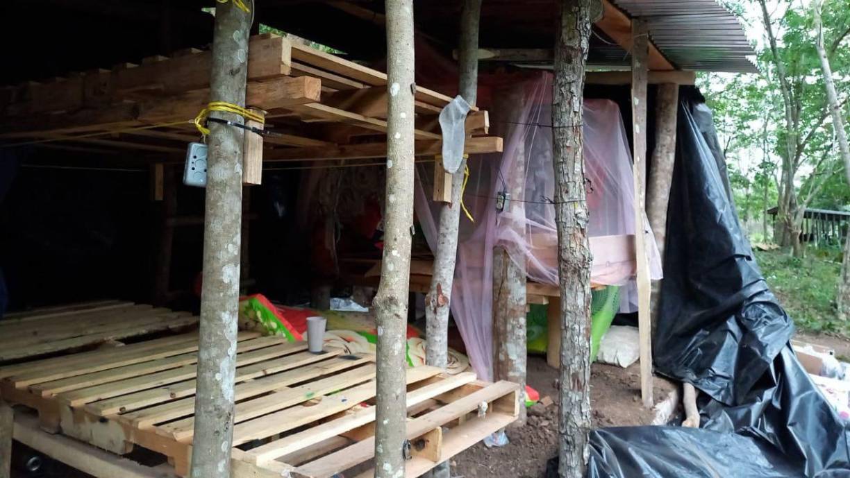 El hallazgo se produjo en la aldea Los Mangos, donde se supone que miembros de una estructura criminal montaron un pequeño plantel donde están instaladas tres pequeñas tiendas de campañas con estructuras de madera debidamente climatizadas con una capacidad para albergar a unas treinta personas”, informó el Ministerio Público.