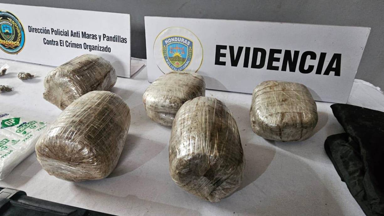 Vista de los cinco paquetes de supuesta marihuana con aproximadamente 10 libras y 67 bolsitas con este mismo alucinógeno. 