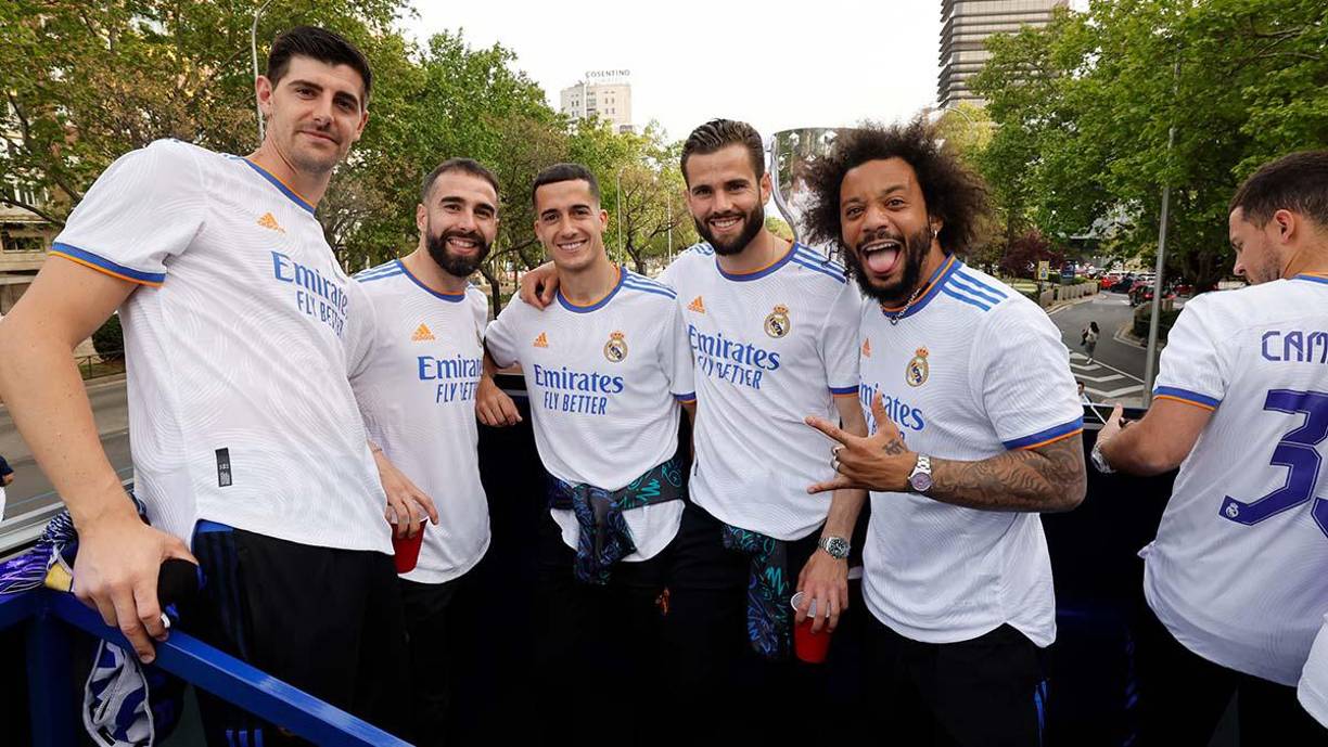 Thibaut Courtois, Dani Carvajal, Lucas Vázquez, Nacho y Marcelo en la celebración del Real Madrid.