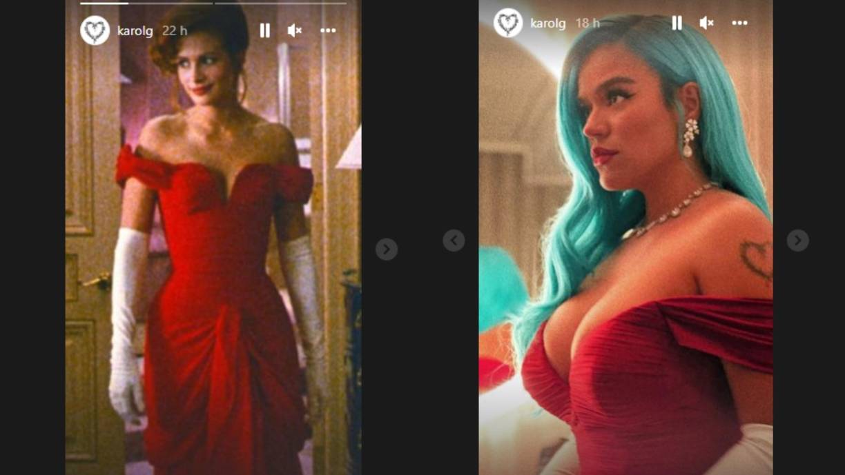 La cantante colombiana, a través de sus historias de Instagram, mostró una fotografía del hermoso vestido rojo de la película “Pretty Woman”, y luego compartió una foto de ella con el mismo estilo. 
