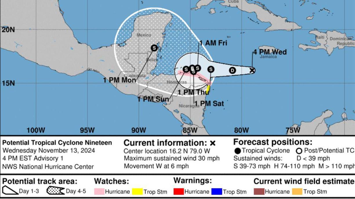 El Centro Nacional de Huracanes (NHC) monitorea las perturbaciones tropicales y asigna nombres a los sistemas que se convierten en tormentas tropicales. Por ejemplo, la perturbación tropical Invest 99L ubicada a esta hora muy cerca de Honduras tiene un 90% de potencial para convertirse en la tormenta tropical Sara.