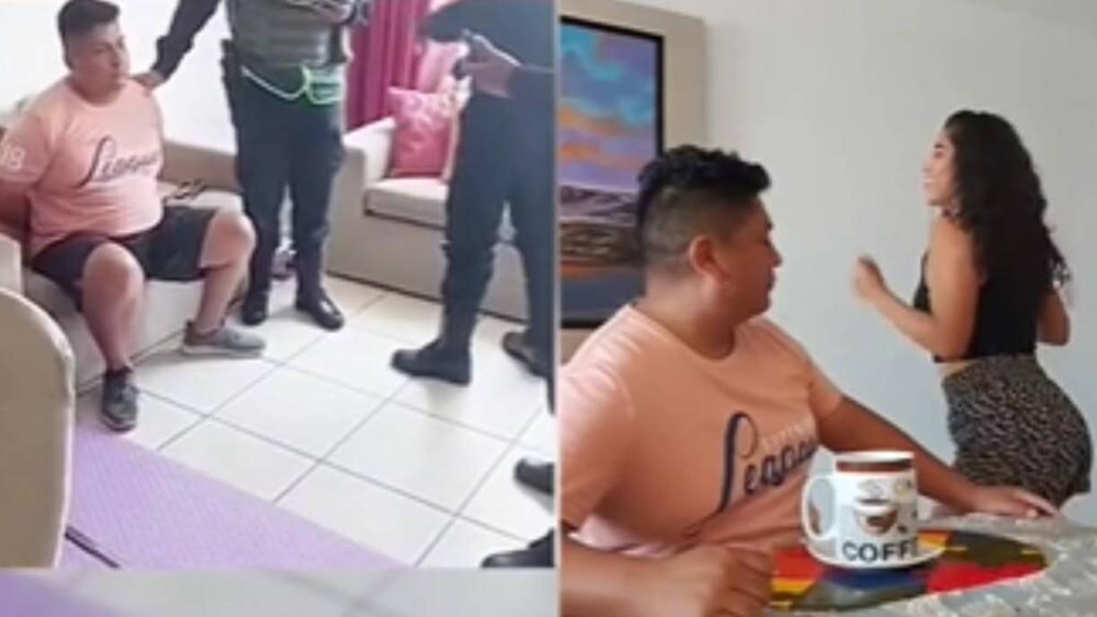 El hombre intentó agredir a un vigilante, pero fue arrestado. El hombre vestía la misma camisa con la que grabó un tiktok junto a su esposa, el mismo en el que ella le bailó y lo besó. 