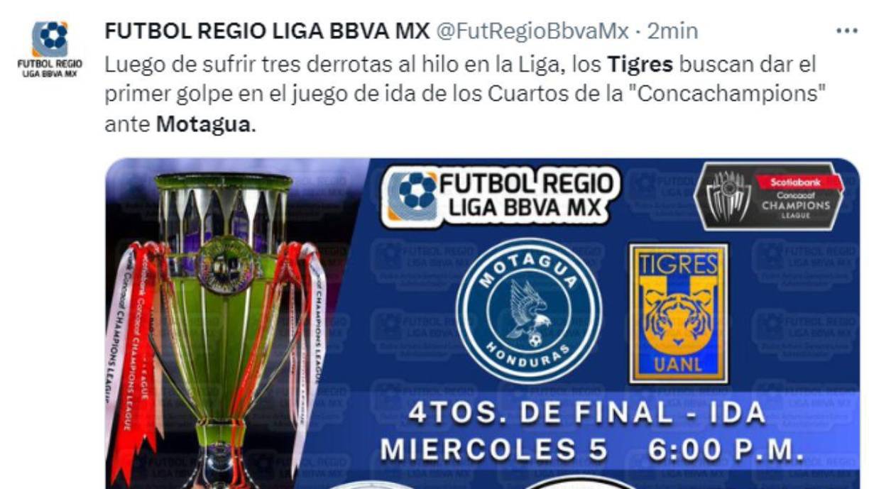 Fútbol Regio BBVA MX: “Luego de sufrir tres derrotas al hilo en la liga, los Tigres buscan dar el primer golpe en el juego de ida en los cuartos de Concachampions ante Motagua”.