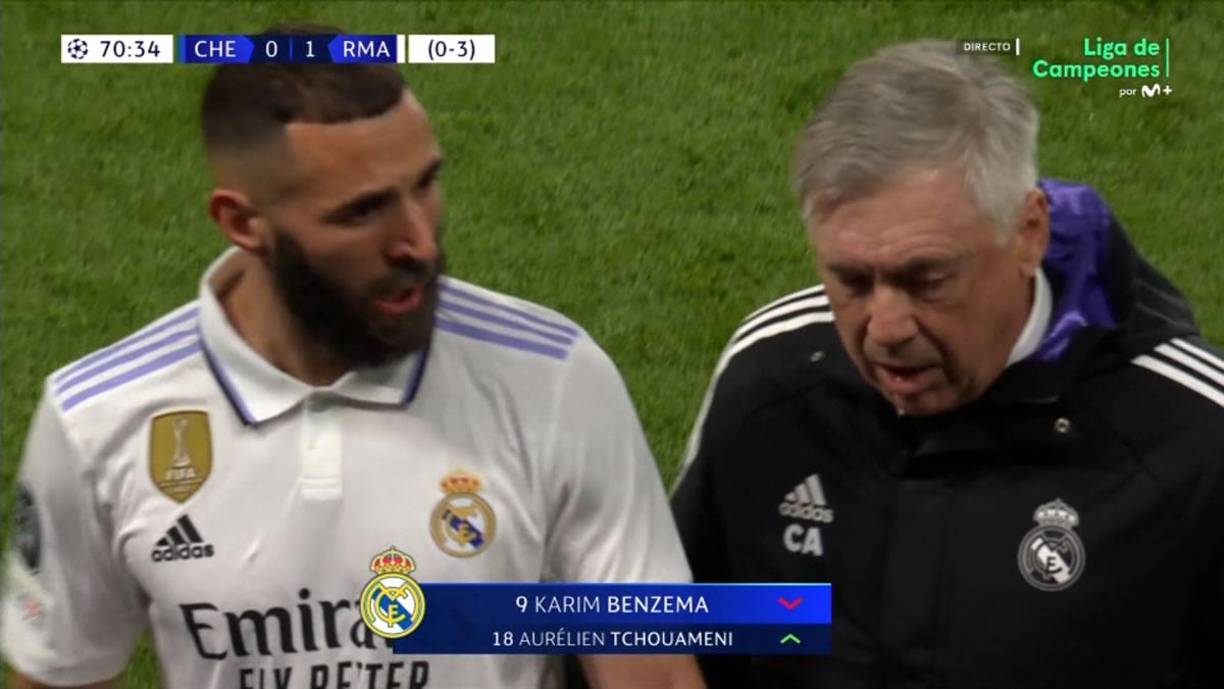 Karim Benzema fue captado con un tremendo enfado al ser sustituido. “Estoy bien”, le dijo el francés a Carlo Ancelotti, según cuentan en El Chiringuito.
