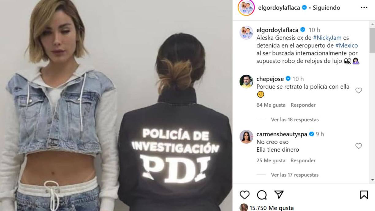 En imágenes que circularon en redes sociales se evidenció esposada a Aleska Génesis, quien hace unos años fue relacionada con cantantes como Nicky Jam y Maluma y con los futbolistas James Rodríguez y Neymar Jr., según lo refirieron varios portales en aquellas ocasiones.