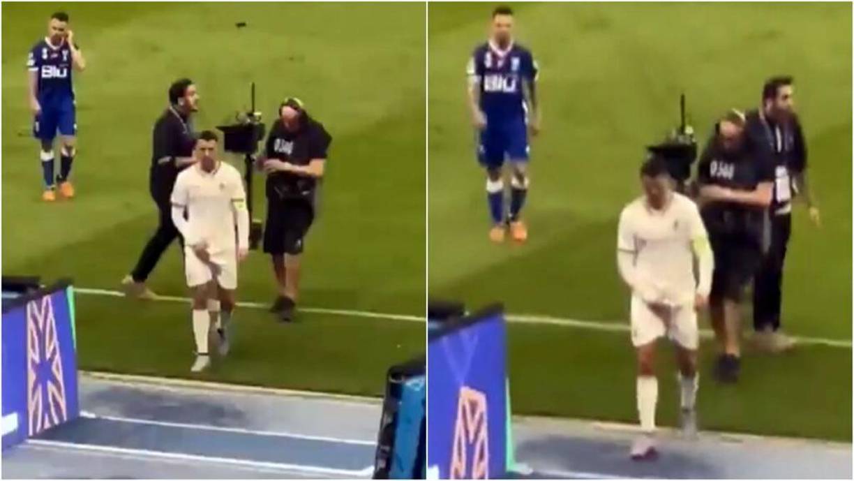 Por si fuera poco, Cristiano Ronaldo dejó una imagen lamentable cuando la afición del Al Hilal le empezó a cantar “¡Meeeessi, Meeeessi!”. El portugués dedicó este gesto obsceno, tocándose sus genitalesa, a los presentes cuando iba saliendo del campo tras el final del partido.