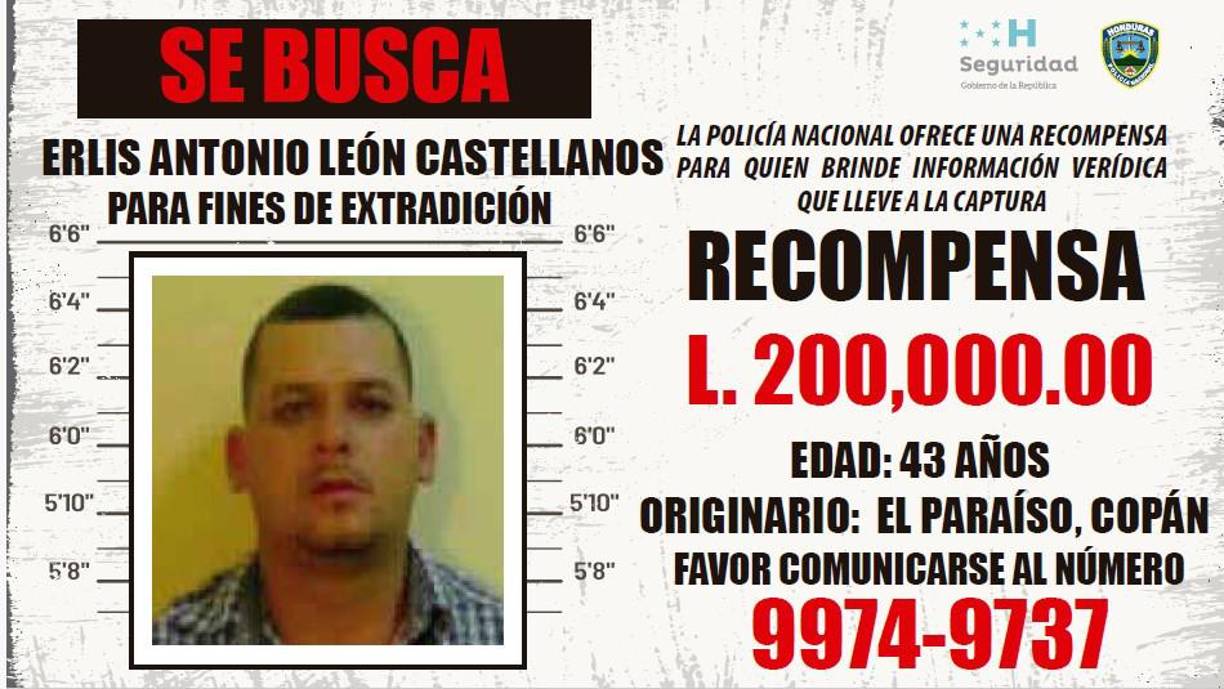 Erlis Antonio León Castellanos. Tiene 43 años, es originario de El Paraíso, Copán. Ofrecen 200 lempiras de recompensa.