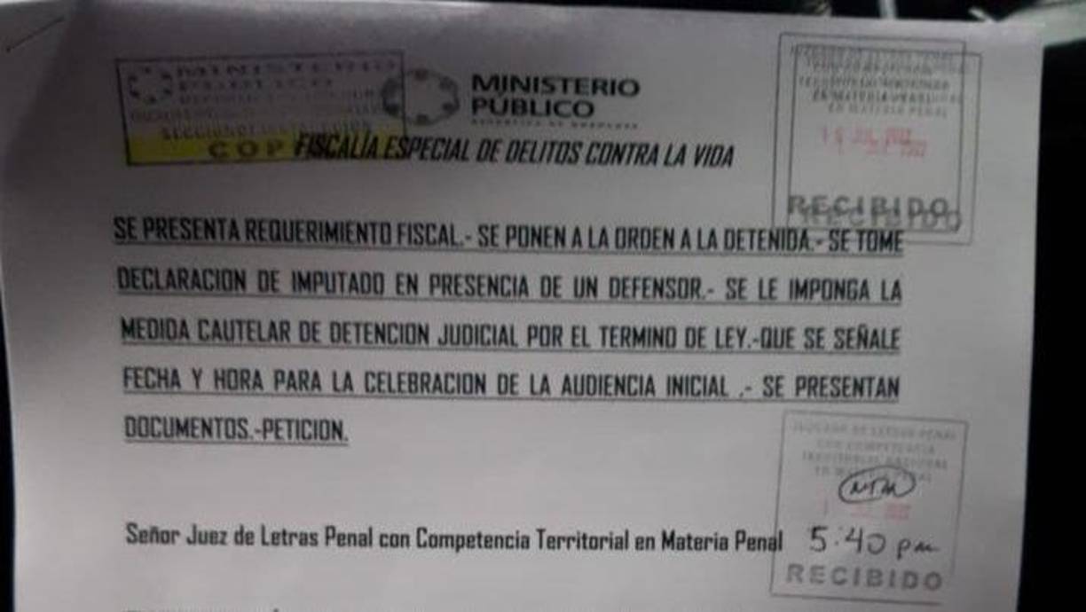 Ayer, 17 de julio, la Fiscalía Especial de Delitos Contra la Vida (FEDCV) presentó el requerimiento fiscal en su contra, el primero hasta ahora, aunque hay varias personas más detenidas y otras que continúan prófugas.