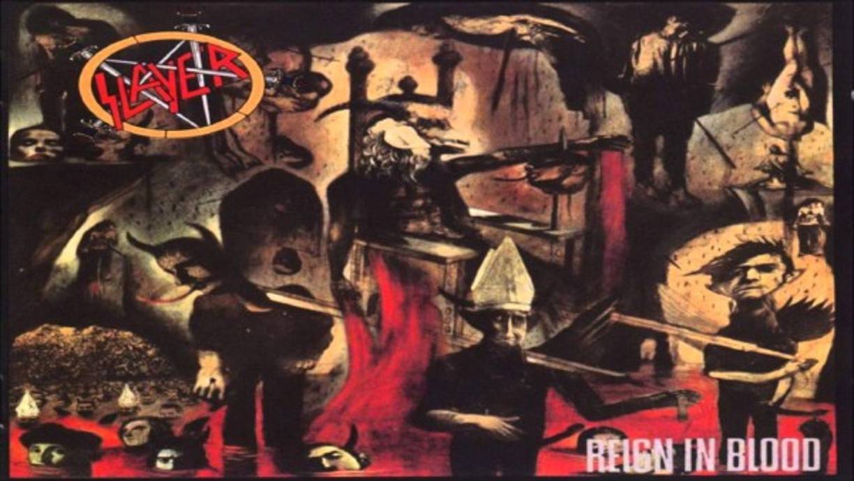 Raining Blood de Slayer: La canción que da el título al álbum de la banda de 1986, fue considerado como uno de los más duros de todos los tiempos, un punto de inflexión para el trash metal. Sin embargo en dicha canción puede escucharse frases que harían referencia a la adoración del demonio. También en Angel of death se aborda el tema sobre el nazismo, aunque la agrupación ha negado simpatizar con esta corriente.<br/>