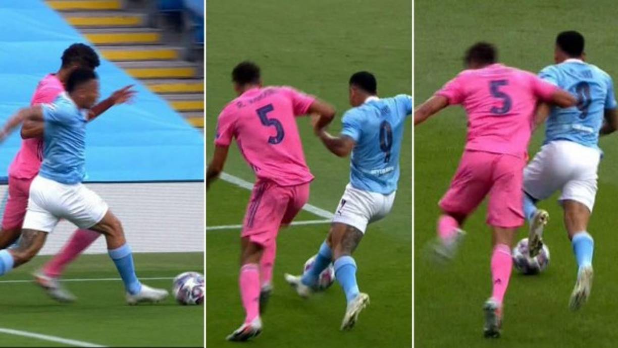 Raphael Varane fue el villano de la eliminación del Real Madrid. Primero por este grave error que cometió en el área merengue cuando perdió el balón con Gabriel Jesús ante la presión que le hizo el brasileño.