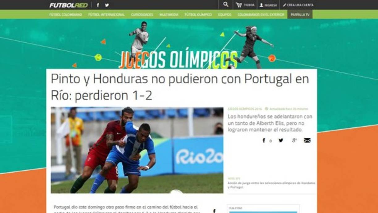 La página Futbolred.com: 'Pinto y Honduras no pudieron con Portugal en Río: perdieron 1-2. Los hondureños se adelantaron con un tanto de Alberth Elis, pero no lograron mantener el resultado'.