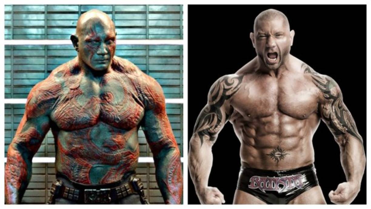 Drax the Destroyer - El exluchador profesional y expeleador de artes marciales mixtas estadounidense Dave Bautista. Curiosamente, es quien hace el personaje de este superhéroe en la película.