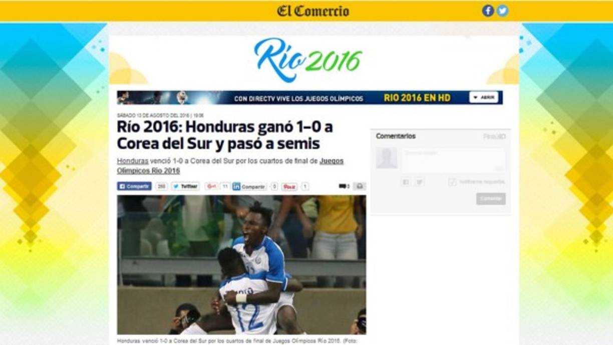 Diario El Comercio de Perú: 'Honduras ganó 1-0 a Corea del Sur y pasó a semis. Honduras venció 1-0 a Corea del Sur por los cuartos de final de Juegos Olímpicos Río 2016'.