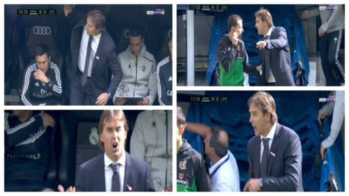 Julen Lopetegui se enfureció después de que el árbitro Guillermo Cuadra Fernández anulara el gol de Marco Asensio. Iba a suponer el 1-2, pero el sílbante no dejó subir el tanto al marcador. Una decisión que provocó la reacción del entrenador del Real Madrid: tiró un golpe al banquillo, protestó a los árbitros y luego animó al equipo. Foto Marca